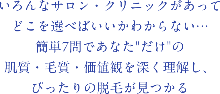 いろんなサロン・クリニックがあってどこを選べばいいかわからない…簡単7問であなただけの肌質・毛質・価値観を深く理解し、ぴったりの脱毛が見つかる
